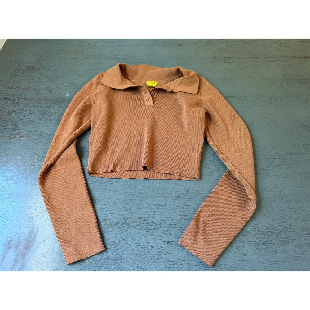 Daisy Ribbed Knit Cardigan Sweater Rust Brown Button Up Polo Collar Top Medium